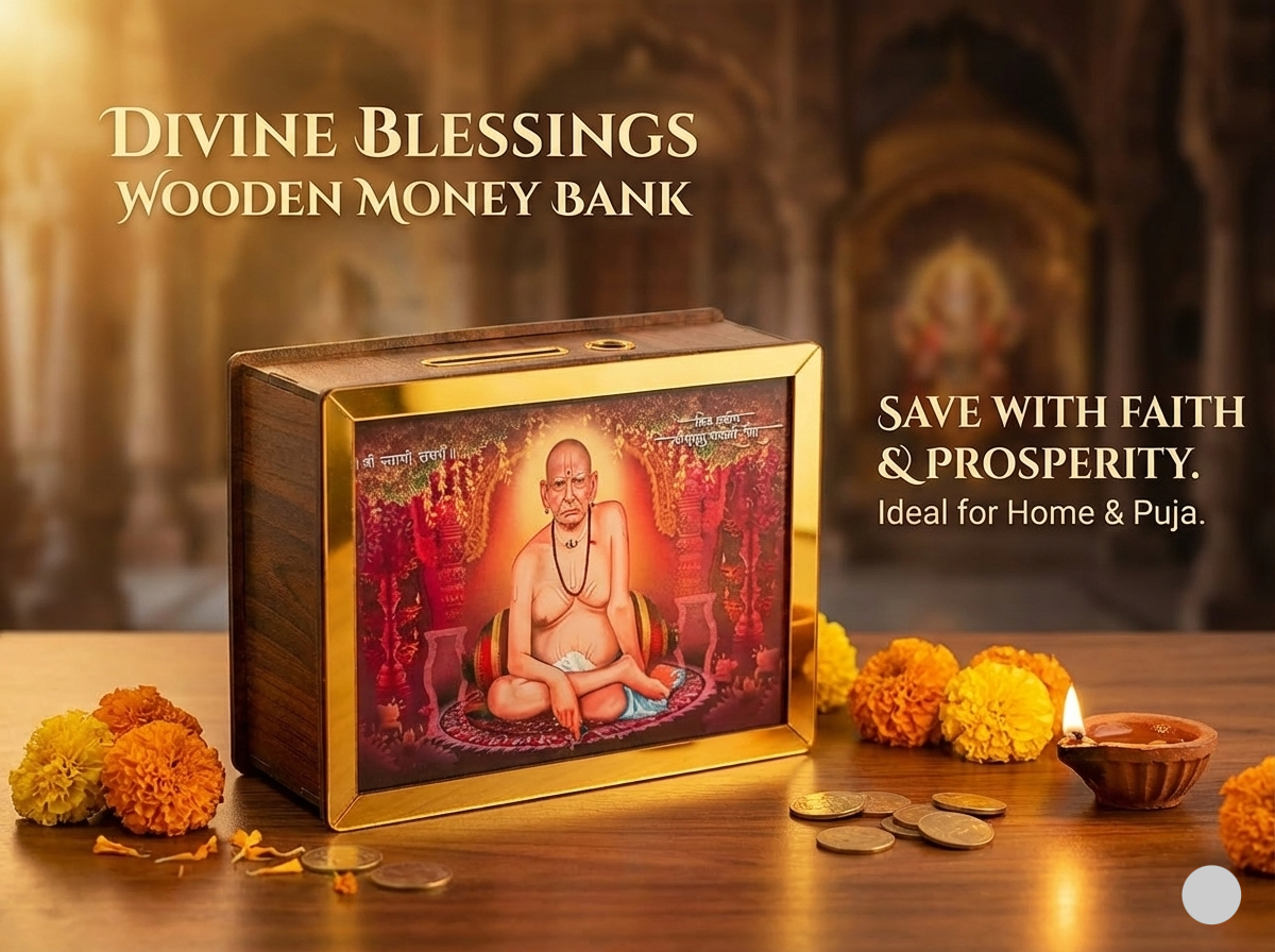 GIftgasmic™ Shri Swami Samarth Wooden Money Bank – Savings with Divine Blessings (₹1 Lakh Challenge Edition)