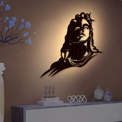 Adiyogi Lord Shiva Premium Backlit Design Wooden Wall Hanging with LED Night Light Walnut Finish